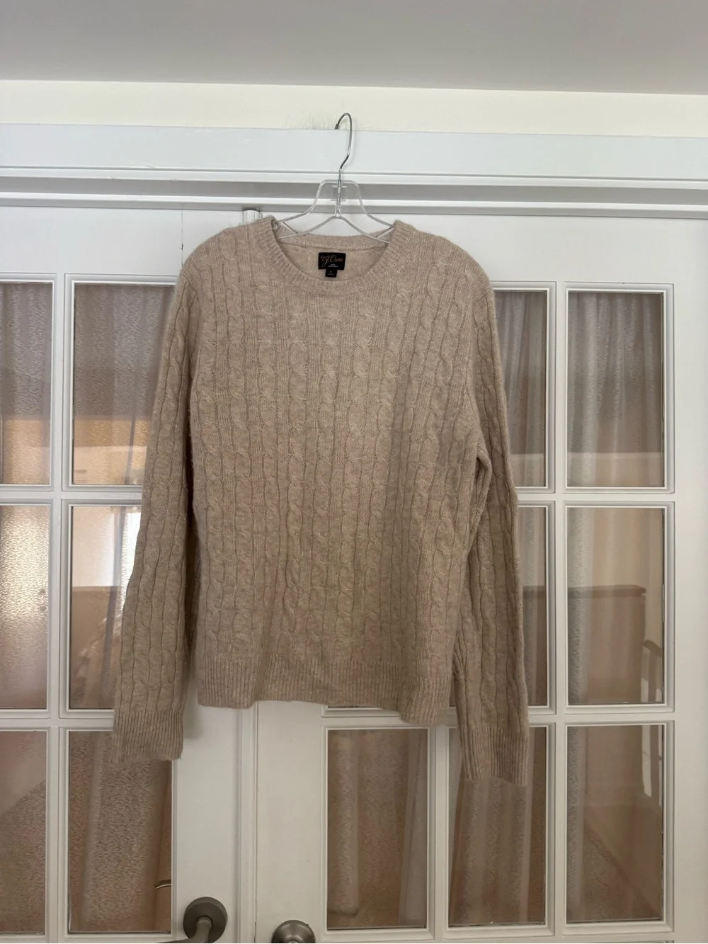 Men’s Beige 100% Cashmere Cable Knit Crewneck Sweater